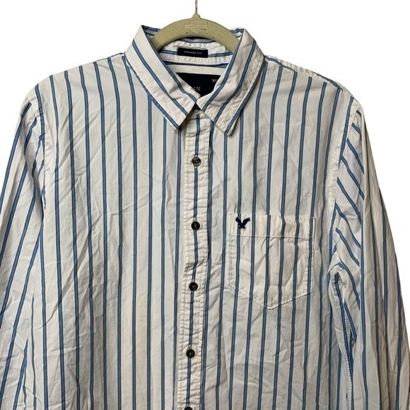 American Eagle Vintage Fit‎ Men Blue White Striped Button Down Shirt Size Large - Picture 5 of 7